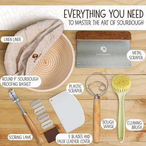 Superbaking 9' Round Banneton Bread Proofing Basket Gift Set– Sourdough Starter Kit for Crusty Artisan Style Loaves, Includes Essential Bread Baking Supplies & Tools - Ideal Gift for Bakers