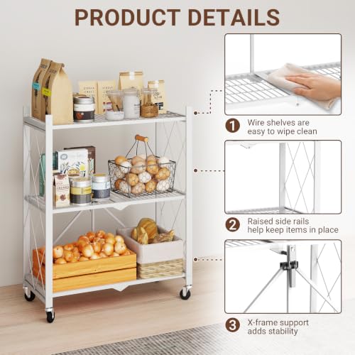 Image of black leopard 3-Tier Foldable Metal Storage Shelf with Wheels, White | Foldable Design; 85 lb Capacity per Shelf; Preassembled Frame; Lockable Casters; Reinforced Metal Construction