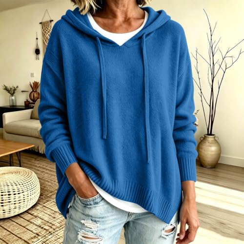 MaMiDay Women's Oversized Hooded Sweater Casual Pullover Drop Shoulder Blue - image 3