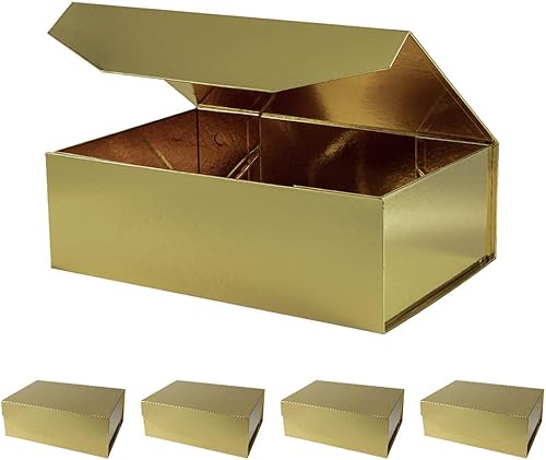 Paquete de 5 cajas de regalo grandes y rígidas doradas de 13 x 9 x 4 pulgadas con tapa, cajas de regalo magnéticas plegables, caja de propuesta para
