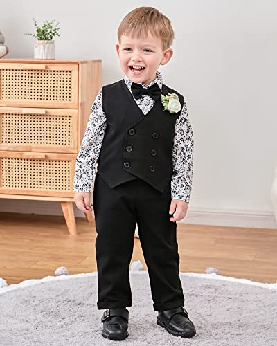 Image of YALLET Toddler Baby Boy Clothes Suit Gentleman Wedding Outfits, Formal Dress Shirt+Bowtie+Vest+Boutonniere+Suspender Pants