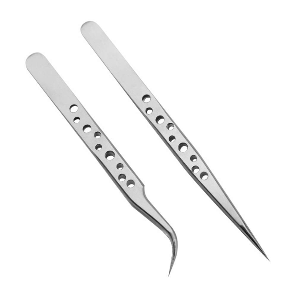 Merrqchang Silver 2 Pcs Straight And Curved Tip Tweezers Nipper Lash Tweezers Professional Set For 3D 5D Individual Lash Extensions