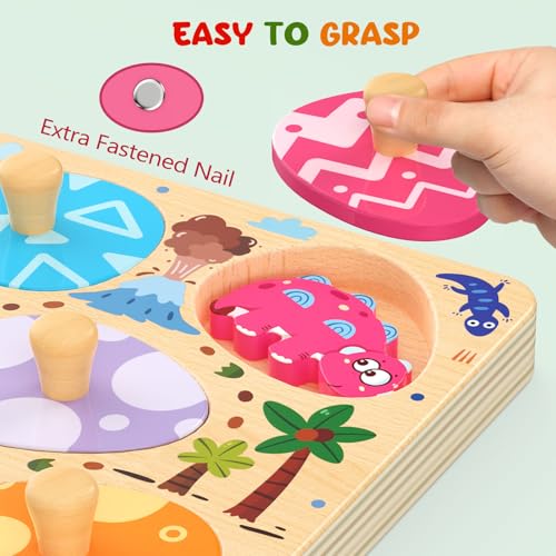 image for Zeoddler Wooden Puzzles for Toddlers, 8 Pcs Dinosaur Matching Egg Puzz