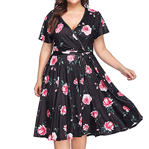Floral Print Mini Dress,Kingwo Women Girls Stylish V-Neck Plus Size Dress Summer Short Sleeve Large Size Bandage Loose Short Dress UK Size 18~26(Black,XXXXXL)