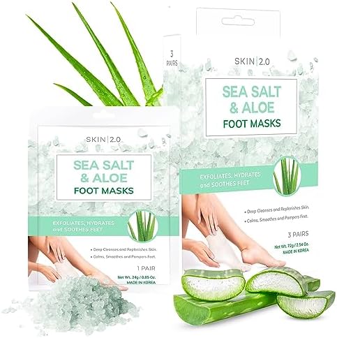 Skin 2.0Sea Salt & Aloe Foot Masks - Cracked Heel Treatment, Soothing & Hydrating, Exfoliating Foot Mask - Dermatologist Tested Korean Skincare - Clean Beauty, Cruelty-Free, All Skin Types - 3 Pairs