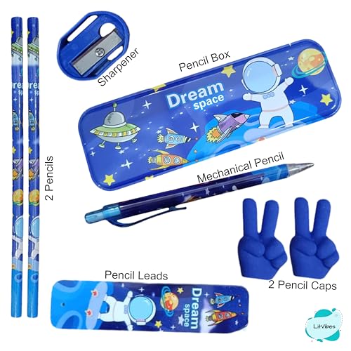 Image of Stationary Set School Kit Good For Birthday Return Gift Cute Educational Supplies For Kids -1*Steel Pencil Box,1*Lead Pencil,2*Pencils,1*Sharpener,1*Pencil Leads,2*Pencil Caps - (Space Theme)