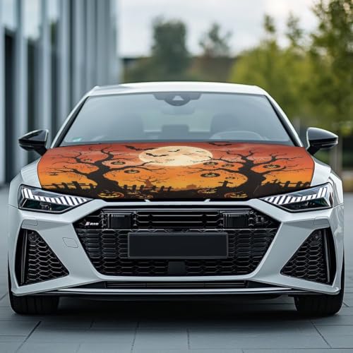Image of Moon Halloween Tree Car Hood Cover Polyester Elastic Fabrics Washable Suitable for Large SUV and Pickup Trucks 39x59in