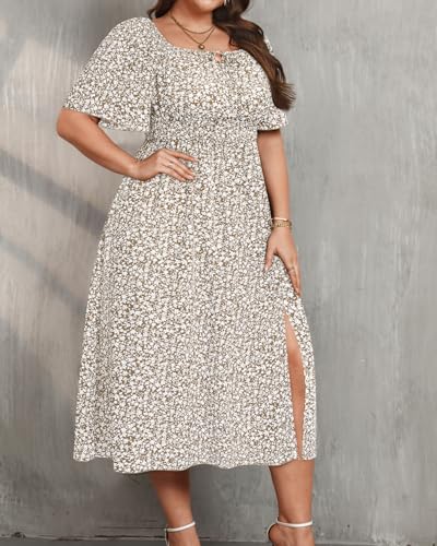 Women\'s Plus Size Summer Sundress Milkmaid Floral Casual Boho Square Neck Short Puff Sleeve Slit Midi Dress