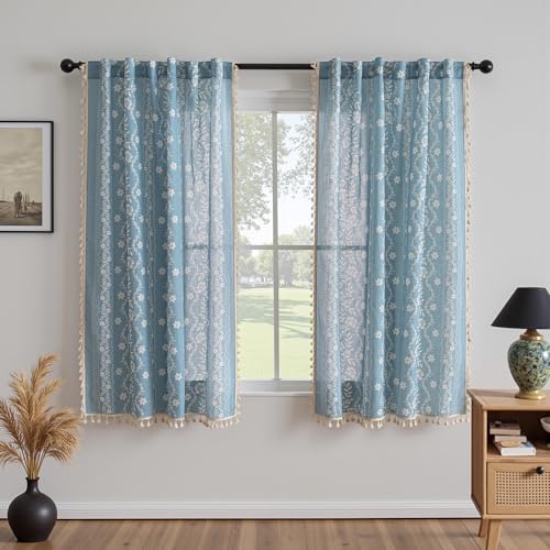 Image of MYSKY HOME Dusty Blue Boho Floral Curtains 72 Inch Length Linen Blend
