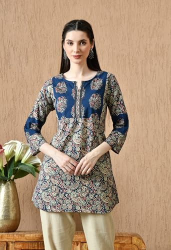 Image of Amazon Brand - Tavasya Women Floral Printed Round Neck Kurta | Everyday Ethnic Wear | 3 /4th Sleeve Top