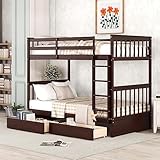 Merax Wood Bunk Bed with Drawers,Convertible Wood Bunk Bed with Ladders and Two Storage Drawers,Solid Wood Detachable Bed Frame with Ladders,Twin Over Twin Size,Espresso