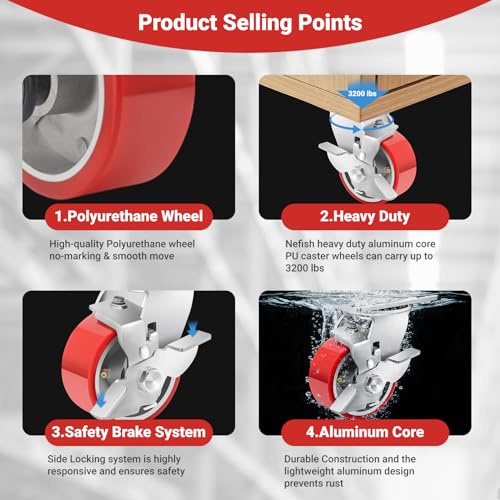 Image of Nefish 4 Inch Industrial Grade Casters Wheels, Heavy Duty Aluminum Core PU Castor Set of 4, Durable Plate Swivel Casters with Brake 3200 LBS, Anti-Corrosion Wheels for Industrial, Machine
