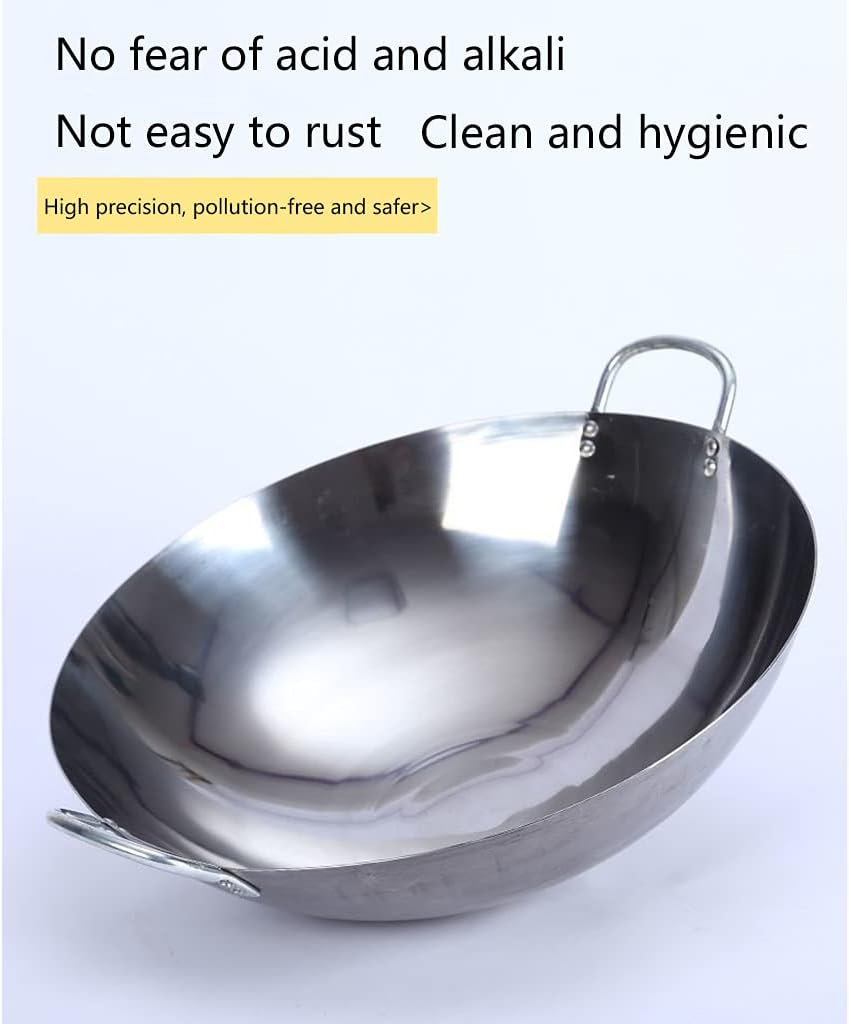 Thickened Double-Ear Stainless Steel Wok Easy to Clean 40cm-70cm High Temperature Resistance Uncoated Non-Stick Pan Kitchen Wok Fast Heat Conduction for Kitchen Use