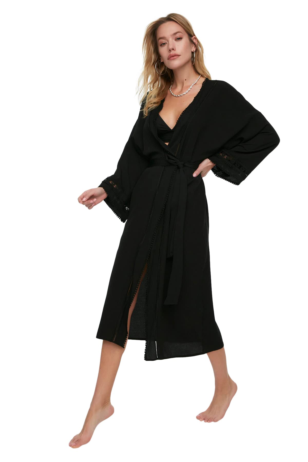 TRENDYOL Damen Lace Belt & Stripe spitze g rtelte kimono kaftan, Schwarz, M EU