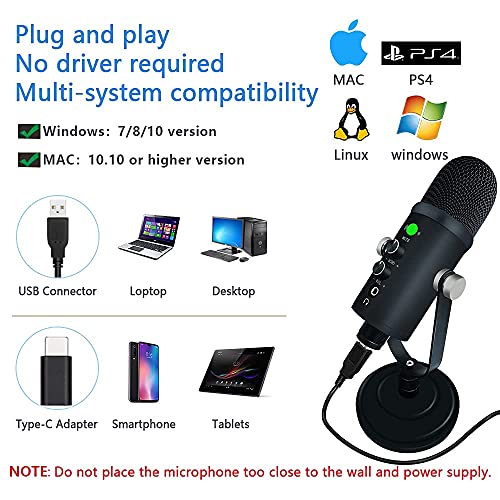 Usb Microphone, Condenser Computer Microphone For Streaming, Gaming, Youtube Recording, Plug And Play,Headphone Output And Volume Control,Quick Mute Button,Compatible With Laptop, Phone (Black) #TOP2