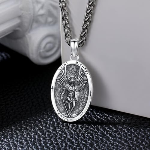 St Michael Pendant for Men 925 Sterling Silver Saint Michael Necklace Catholic Archangel Michael Jewelry Gifts, w/Stainless Steel Chain 22"+2"2