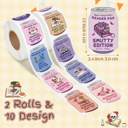 Image of Drinks Soda Ticket Sticker - 2 Roll & 10 Designs Bookish Genre Edition Design Waterproof Vinyl Self Adhesive for Laptop Water Bottle Journal Scrapbook Reading Log Classroom Reward Chart Gift