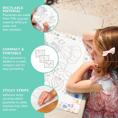 Image of Disney Baby by J.L. Childress ColorMe Disposable Placemats, 24 Pack - Stick on Disposable Placemats for Baby, Toddlers, & Kids, Travel Coloring Activities, Sticky Child Table Mat, Princess