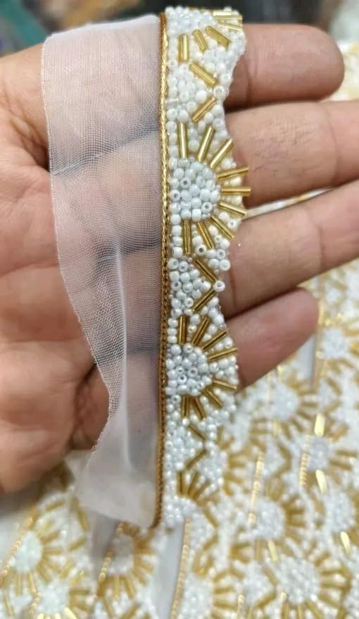 SHREE LAXMI MOTI LACE MANUFACTURER SLMLM - for Border White Finetage Pipe in net Fabric Border for Dresses, s, Lehenga, Suits, Blouses, Dupatta, Chunri and Craft (9)