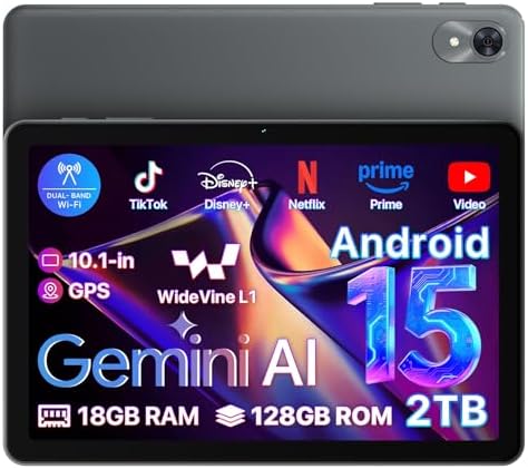 Android 15 Tablet 10.1 inch,18(6+12) GB+128GB+2TB Expandable 2025 Widevine L1 Tablets with Speed 2.0 GHz,1280x800 HD IPS,FM Radio, 5000mAh,WiFi6,GPS,Bluetooth,Travel Gift,Kids Space,YT Kids OYEFIT