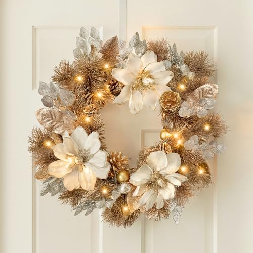 Marco Paul Luxury 40cm Pre-Lit Christmas Poinsettia Flower Gold and SilverWreath Warm & Bright White Glitter LED Light Up Front Door Fireplace Battery Timer Indoor Outdoor Winter Xmas Decor