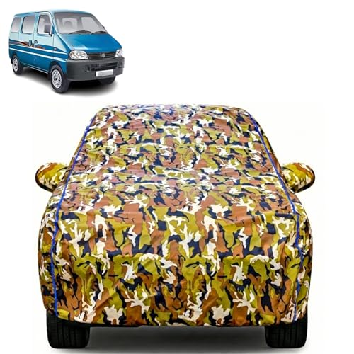 Image of Waterproof Car Body Cover for Maruti Suzuki Eeco with Mirror Pocket| Cotton Inner Lining | Triple Stitched | All Weather Protection | Dust, UV & Rain Proof (Camouflage with Blue Piping)