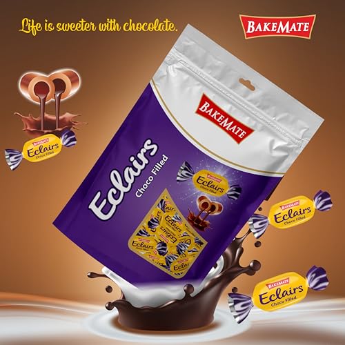 Image of BakeMate Eclairs Choco-Filled Soft Toffee | Chocolate-Coated Eclairs Candy | Delicious & Creamy Chocolate Center | Perfect for Gifting & All Ages | 750g Pack