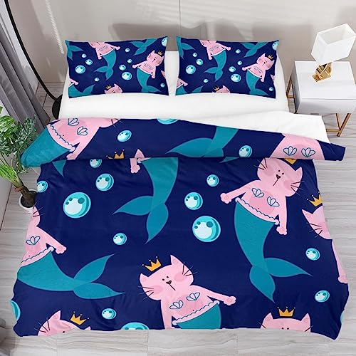 DragonBtu Juego de funda de edredón de gato y sirena, juego de ropa de cama suave de 3 piezas...