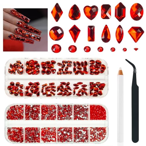 qiipii 4080Pcs Red Nail Rhinestones Multi Shapes Ruby Rhinestones for Nails