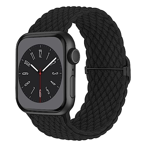 Braided Solo Loop Compatible with Apple Watch Band 38mm 40mm 41mm 42mm 44mm 45mm 49mm for Women Men, Stretchy Straps Elastic Sport Wristbands for iWatch Series 8 7 6 5 4 3 2 1 SE Ultra, Black