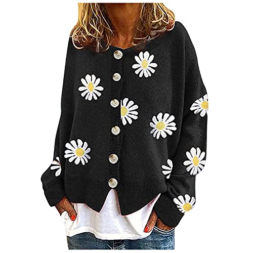 Cute Sun Flower Cardigan Sweaters Womens 2024 Lightweight Button Down Coats Open Front Casual Knit Sweaters Outwear