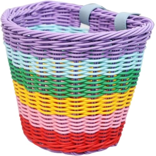 Huiyiwert Kinderfahrradkorb Geflochten Fahrradkörbchen mit Verstellbar Riemen Rollerkorb Kinder Laufrad Lenkerkorb Kinderfahrrad Zubehör Geschenk für Kinder Mädchen Jungen Schule (Bunt)