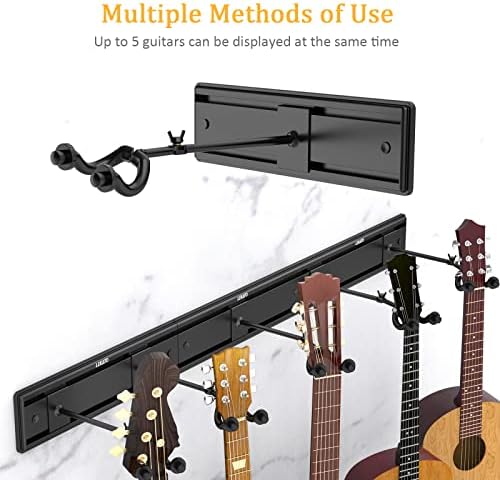 Guitar Hanger for Multi Guitars,LEKATO 5 Metal Wall Mount Guitar Stand Holder with 5 Adjustable Guitar Hooker for Guitars Bass, Banjo, Mandolin,Guitar Wall Mount Hanger for String Instruments