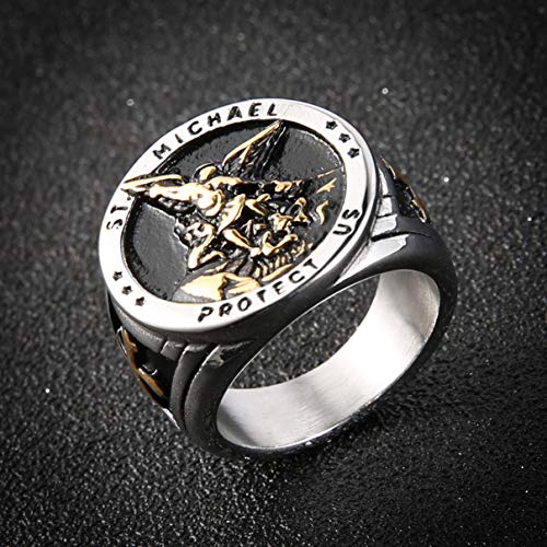 Image of HZMAN St. Michael San Miguel The Great Protector Archangel Defeating Satan Figurine Stainless Steel Amulet Ring
