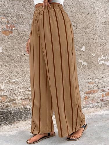 Image of Acelitt Women Casual Drawstring Elastic Waist Striped Wide Leg Pants with Pockets, S-XXL