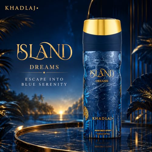 Image of Khadlaj Island Dreams Perfumed Deodorant Spray 6.8 Ounce / 200 ml | Citrus, Fresh, Musky, Amber - Long-Lasting Fragrance for Unisex