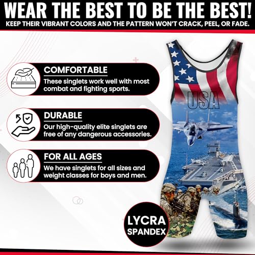 4 Time All American Sublimated Wrestling Singlet – Stitched & Durable Mens Singlet – Singlet for Wrestling, MMA & Powerlifting– Wrestling Singlet Youth Boys (US Army-Navy, S 91-120 lbs.)