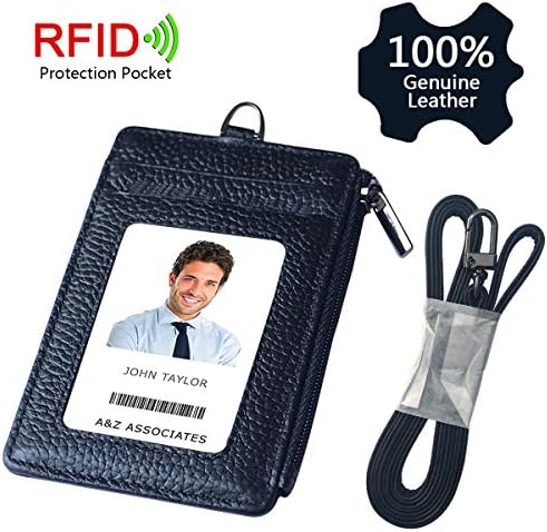 Genuine Leather Badge ID Holder, Macoku ID Badge Card Wallet 1 Side RFID Blocking Zipper Pocket, Holds Multiple Cards & Keys, Offices ID, School ID, Driver Licence Come with Genuine Leather Neck Strap
