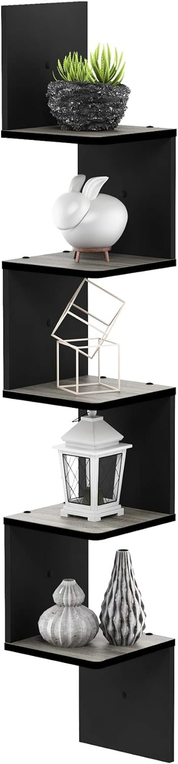 Zuvo Black Corner Shelf 5-Tier - Floating Corner Shelves Wall Mounted | Zigzag Bookshelf for Bedroom, Living Room, Office | 20×20×127.5cm - Space-Saving Wall Shelf