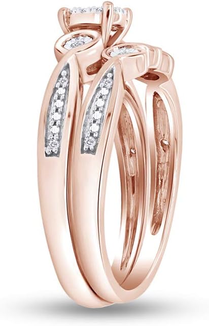 AFFY 1/10 Carat CT Round Cut White Natural Diamond Set Ladies Engagement Wedding Bridal Ring Set In 14k Gold Plated Sterling Silver (I-J Color, I2-I3 Clarity, 0.10 cttw)