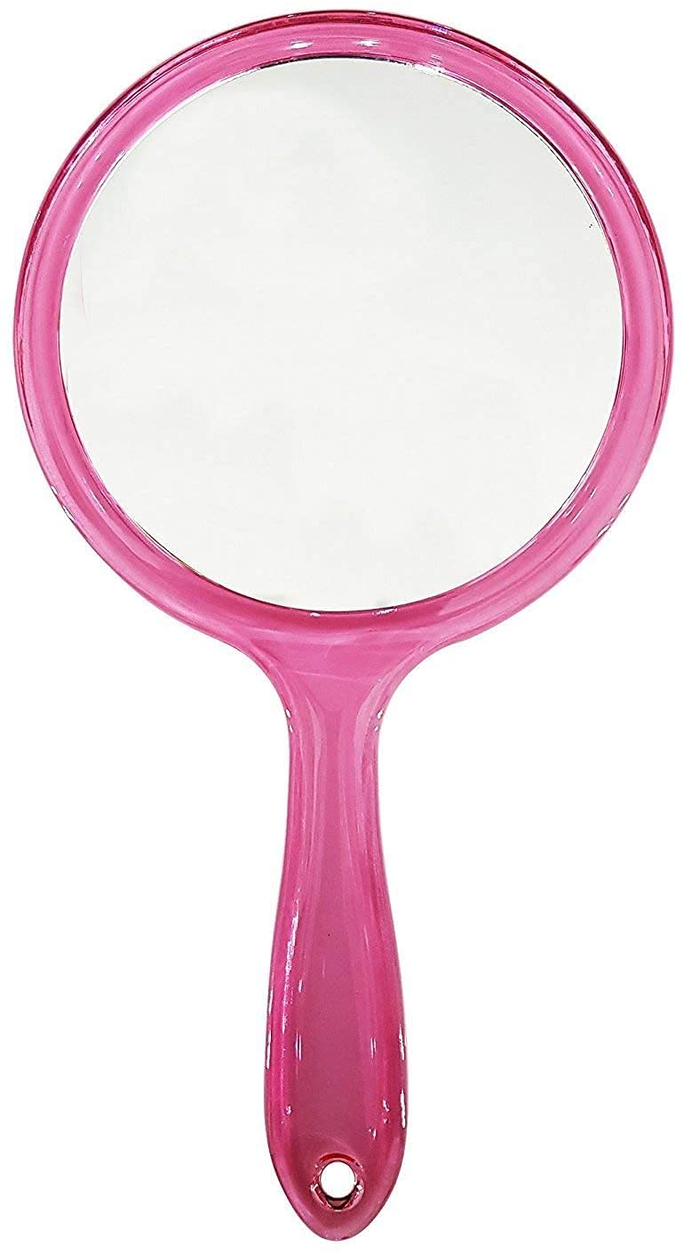 Pink Round Shape Acryclic Handheld Beauty Makeup Mirror Both Sides one Side Magnifier for Bathroom, Dressing Table/Shaving/Parlours/Salon and for Travel kit 10.5 inch x 6 inch-image-46