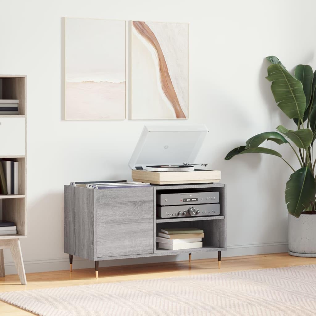 Armadio per dischi grigio Sonoma, 85 x 38 x 48 cm, scaffale in vinile | Tavolo per giradischi industriale con gambe in ferro per il soggiorno, ideale come mobile fonofonico e organizer per LP
