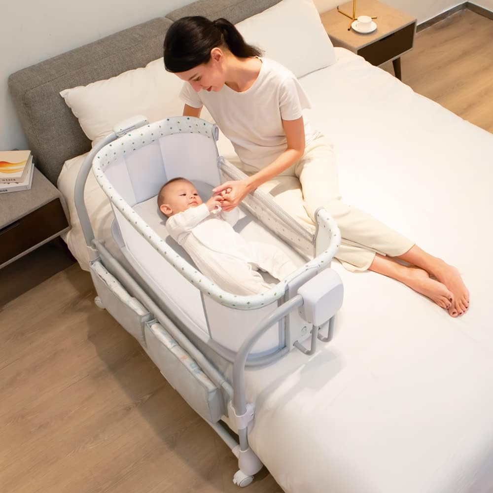 Mastela 3-in-1 Electric Swing Bedside Crib Intelligent Baby Bassinet Beside Sleeper Cradle，3 Kinds of Height Adjustment,5 Swing Speed, 3 Timing time, 15 Music, 5 Usage Modes…, Icelandic Blue Grey