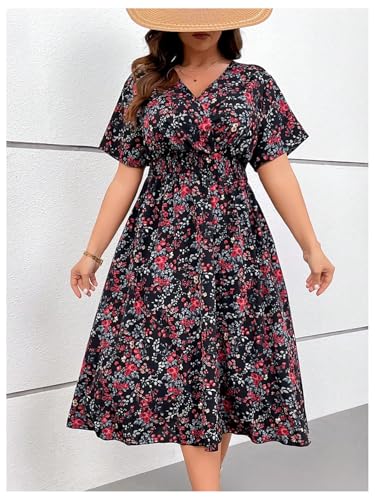Image of Floerns Women's Plus Size Boho Hawaiian Tropical Dresses V Neck Short Sleeve Floral A Line Long Dress Vacation Beach Outfits