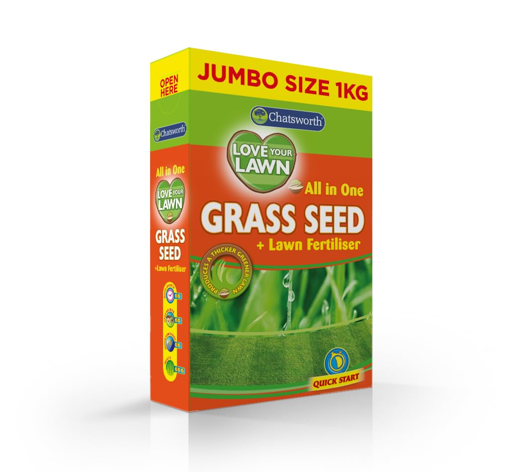 Chatsworth All in One Grass Seed & Fertiliser | Love Your Lawn Quick Start Seeds For Garden Growth, Patch Fixing and Overseeding | Produces Thicker Greener Lawns - Jumbo Size (1kg Covers Up to 8sqm)