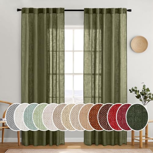 MIULEE Light Olive Green Linen Curtains 84 Inches Long 2 Panels for Bedroom Living Room, Soft Linen Textured Natural Window Drapes Semi Sheer Light Filtering Back Tab Rod Pocket Burlap Look Decor