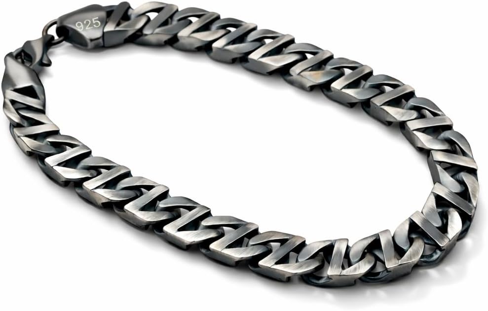 Trendy Cuban Link Bracelet for Men - Solid 925 Sterling Silver with Brushed Matte Finish - Chunky Heavy Bikers Vintage Black Curb Hand Chain Bracelets, Thick 8 mm - Mens Brutalist Jewelry - Handmade