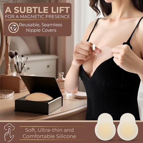 Nipple Cover for Women–Reusable Silicone Adhesive Pasties for A–D Cup–Soft Invisible Breast Petal with Travel Case–Sweatproof2