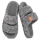 EverFoams Womens Fuzzy Open-toe Slippers Soft Comfy Memory Foam Indoor House Shoes Cool Gray,9-10 US