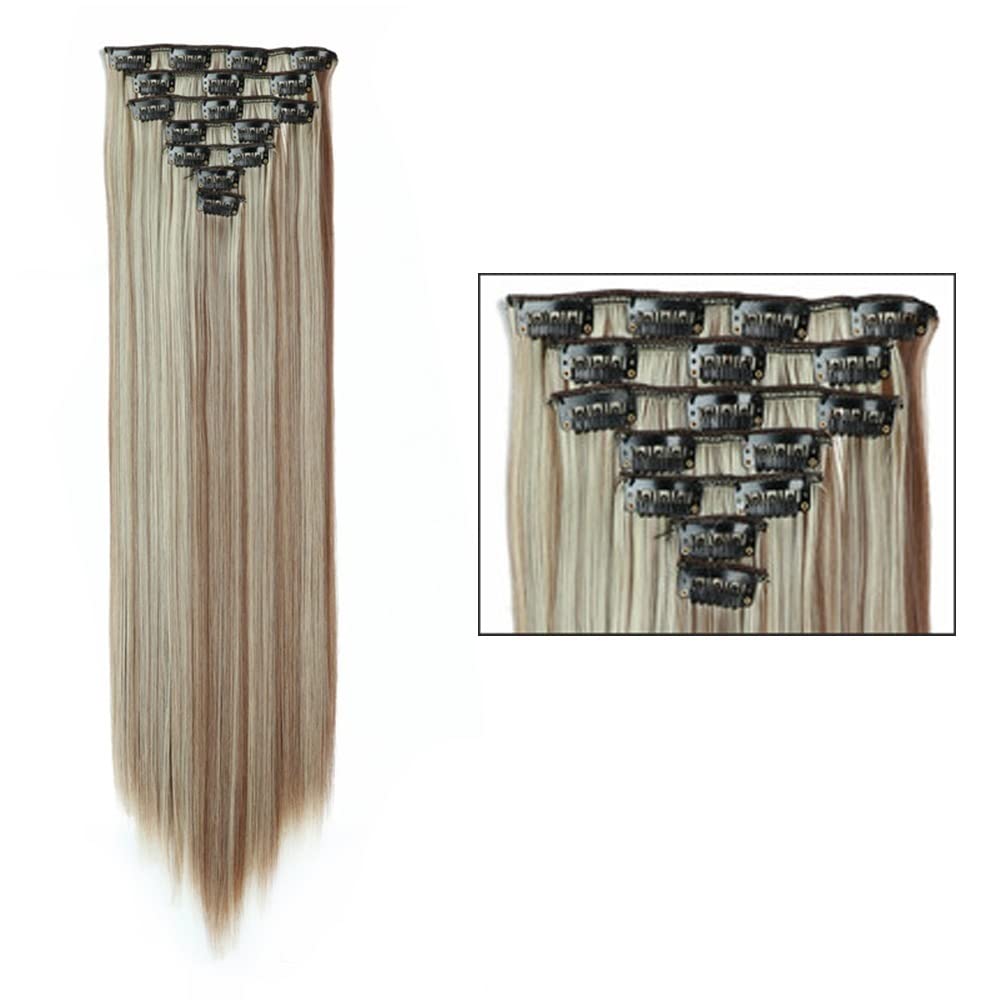 Extensión De Cabello Extensiones de cabello sintético, extensiones de cabello con clip Postizo falso largo y recto 24 "7PCS Extensiones de cabello de fibra resistente al calor Cabeza completa for muje